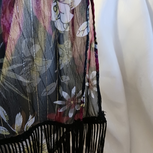 Kimono Black Pink Gold Floral Sheer Fringe Cardigan One Size - Picture 10 of 10